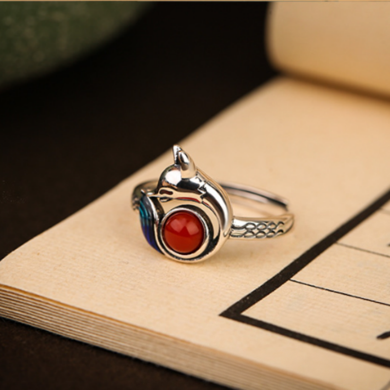 Playful Spirit-Fox Blue Enamel & Nanhong Agate Silver Ring