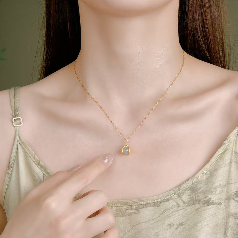 Gentle Essence Hetian Jade Pendant Necklace– S925 Sterling Silver with Ancient Gold Finish