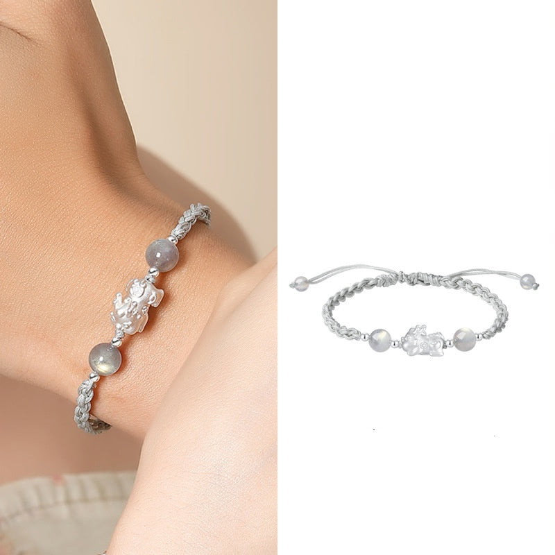 Pixiu Strawberry Quartz Grey Moonstone Couple Cord Bracelet-Joyful Blessing