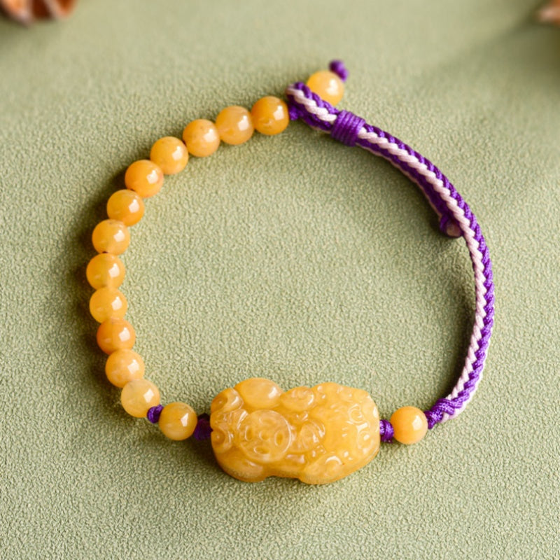 Natural Golden Silk Jade PiXiu Prosperity Hand-Woven Bracelet