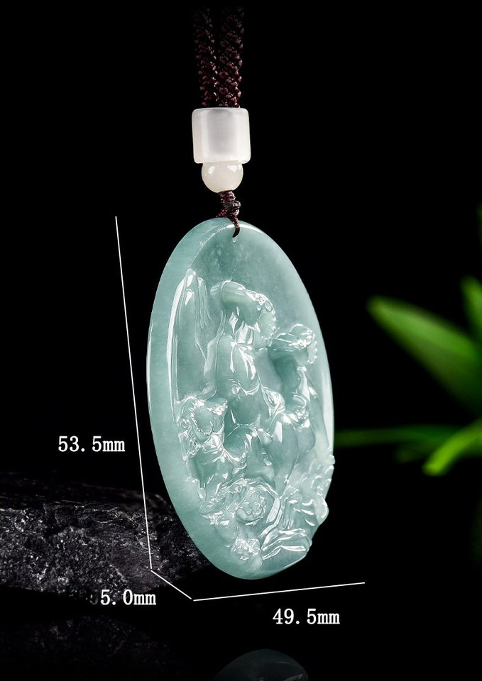 Grade A Blue Jadeite Goat Pendant – “Three Goats Bring Bliss” Carved Jade Amulet for Harmony & Prosperity