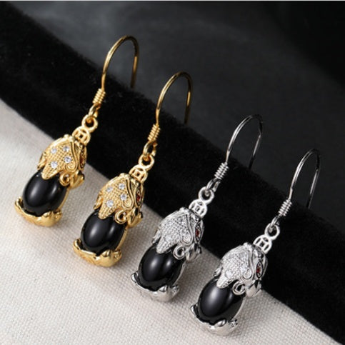 Wealth and Protection-Pixiu Black Agate Drop Earrings