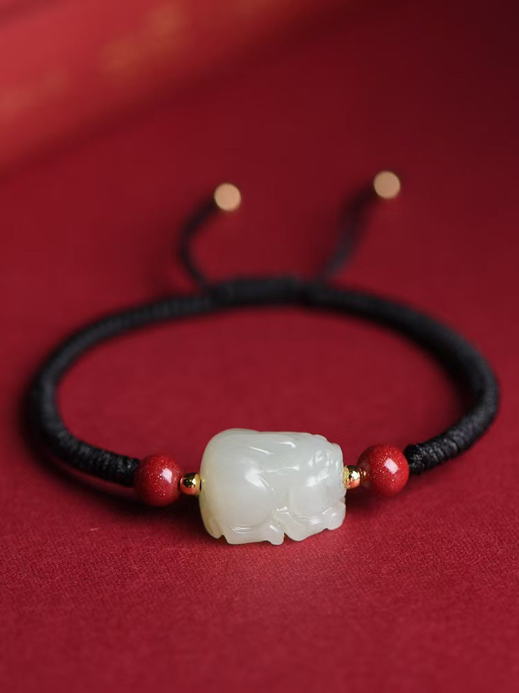 Hetian Jade Pixiu Hand-Woven String Couple Bracelet-Protection and Wealth