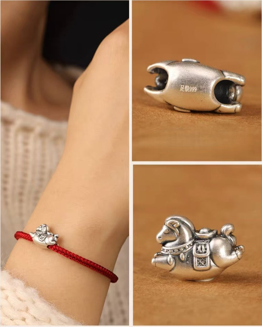 999 Silver "Heavenly Joy" Pony Bracelet with Adjustable Handmade Cord