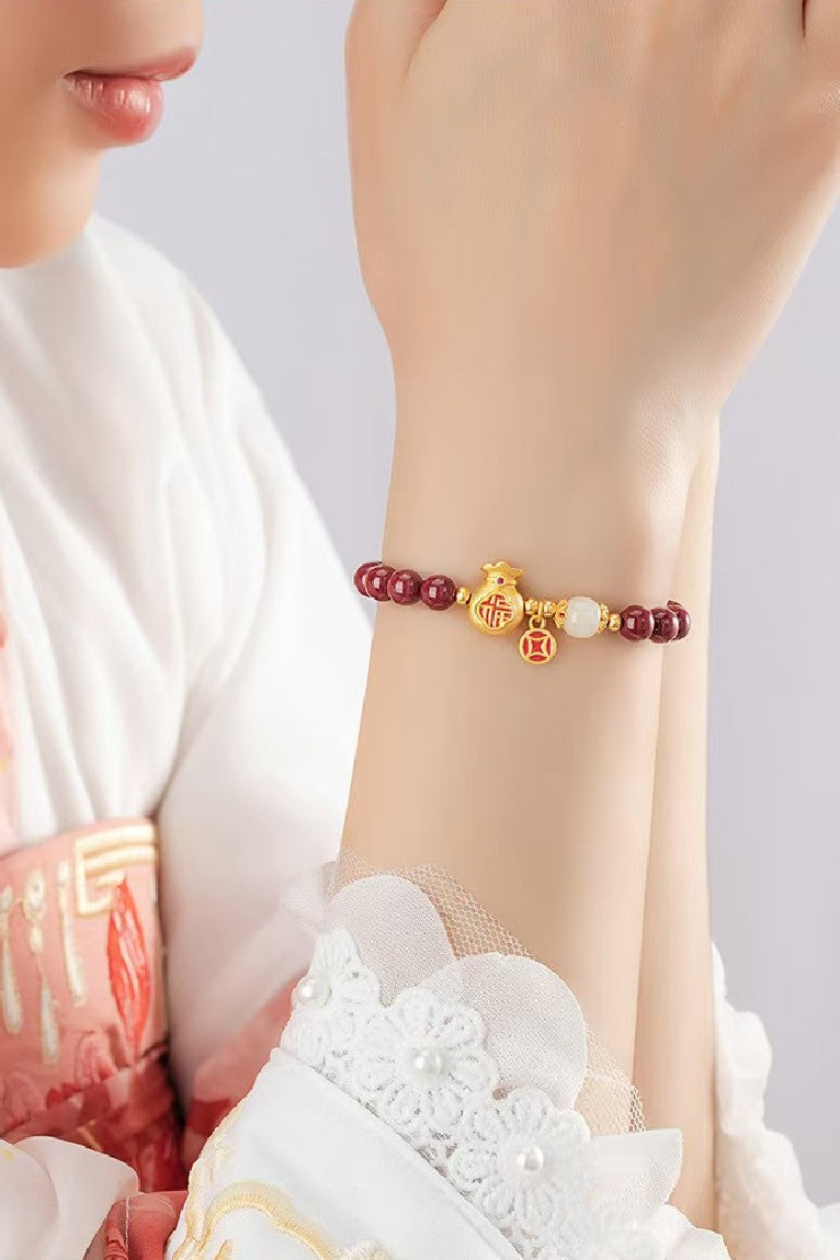 Gold Money Bag Cinnbar Beads Bracelet-Attract Luck