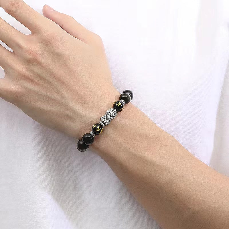 999 Silver Pixiu Black Obsidian Bracelet-Attract Luck