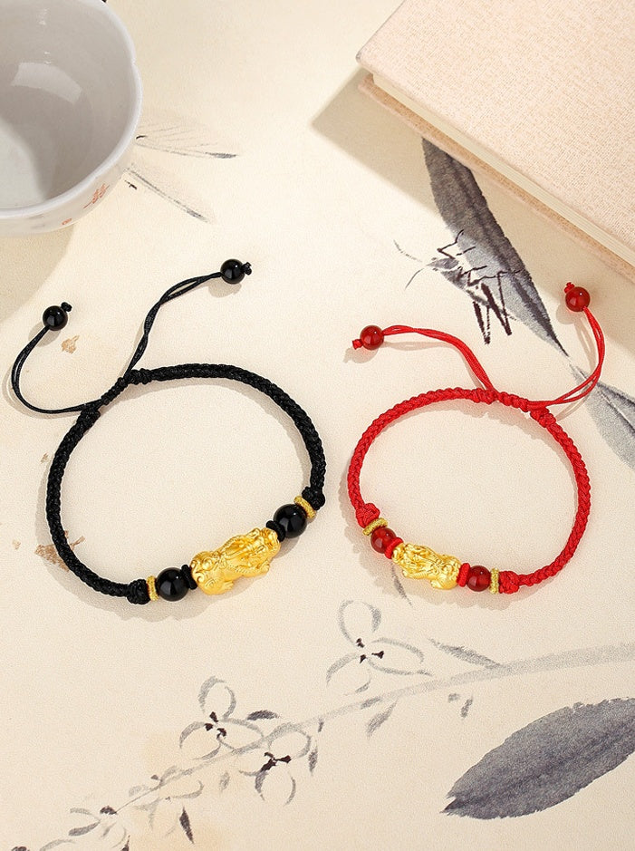 Golden Pixiu Couple String Bracelets – Lucky & Protection Red and Black String Set