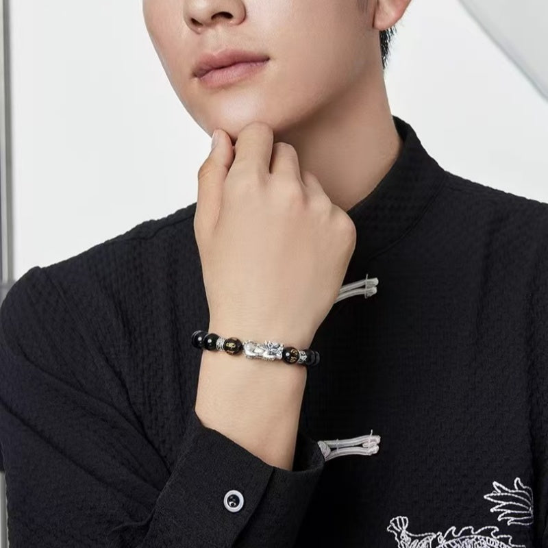 Mystic Guardian Pixiu Obsidian Bracelet in 999 Fine Silver