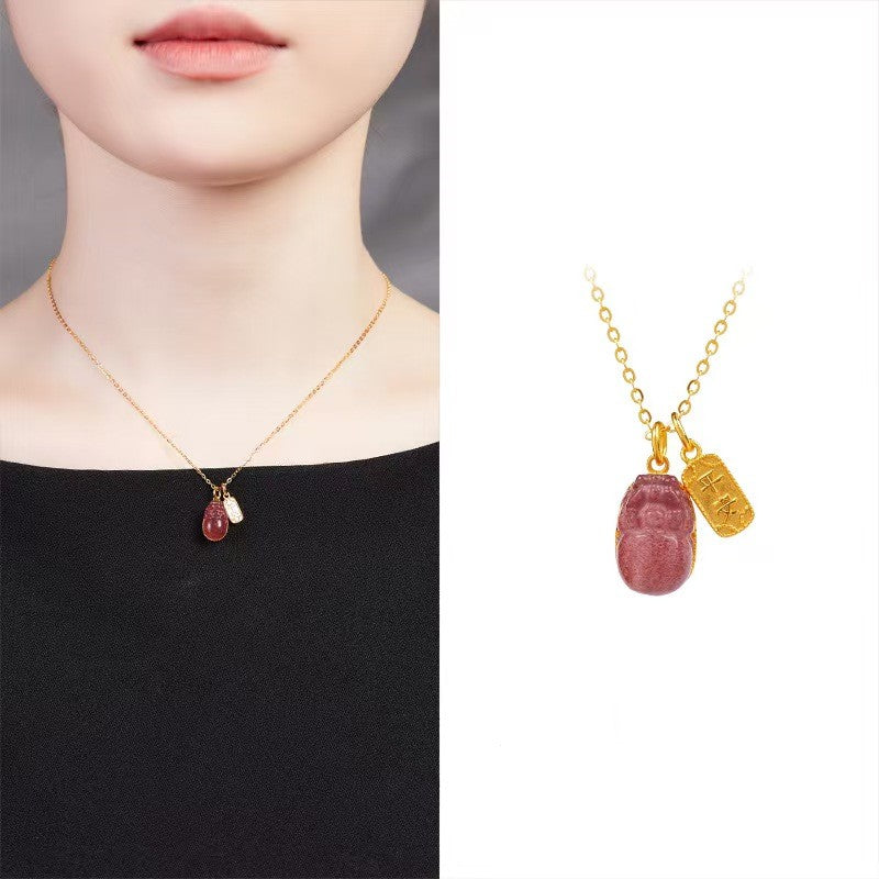 Strawberry Quartz Pixiu & Peace Amulet Pendant Necklace -Attract Luck& Peace