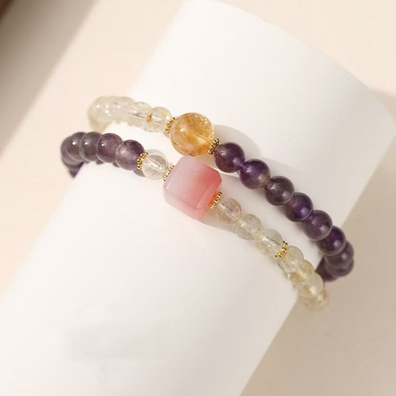 Square Pink Agate Amethyst and Citrine Double-Strand Bracelet