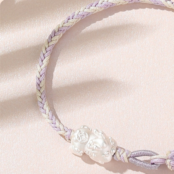 Peace and Joy-Pixiu Fine Silver and White Chalcedony Braided Bracelet