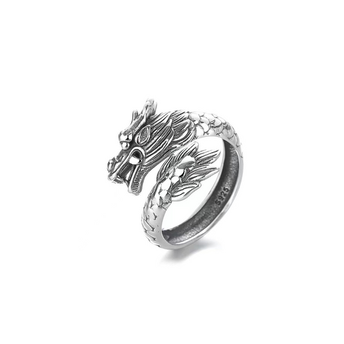 Wealth Dragon Handmade Carved Silver Ring-Fortune Prosperity