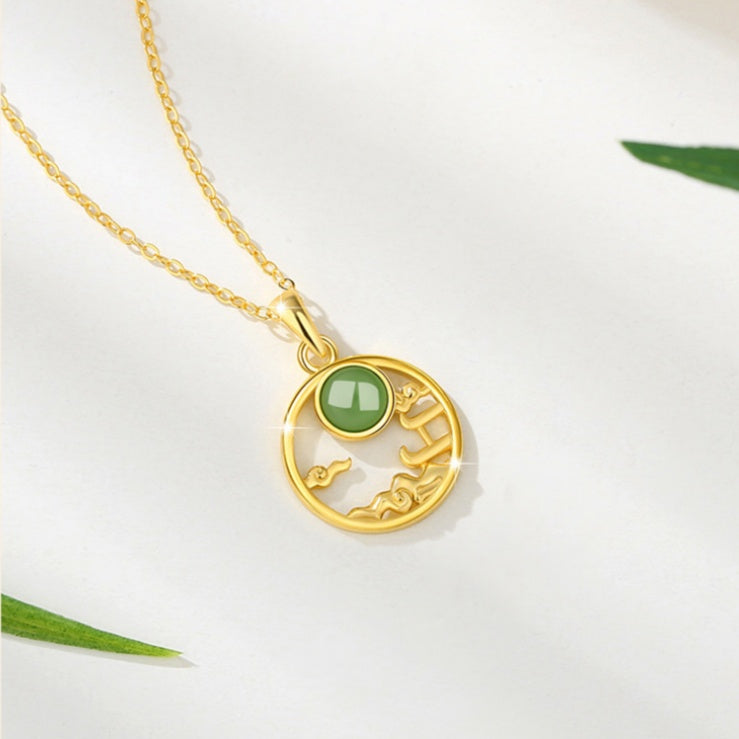 18K Gold-Plated Silver Auspicious Cloud Nephrite Jade Necklace-Serene Horizons