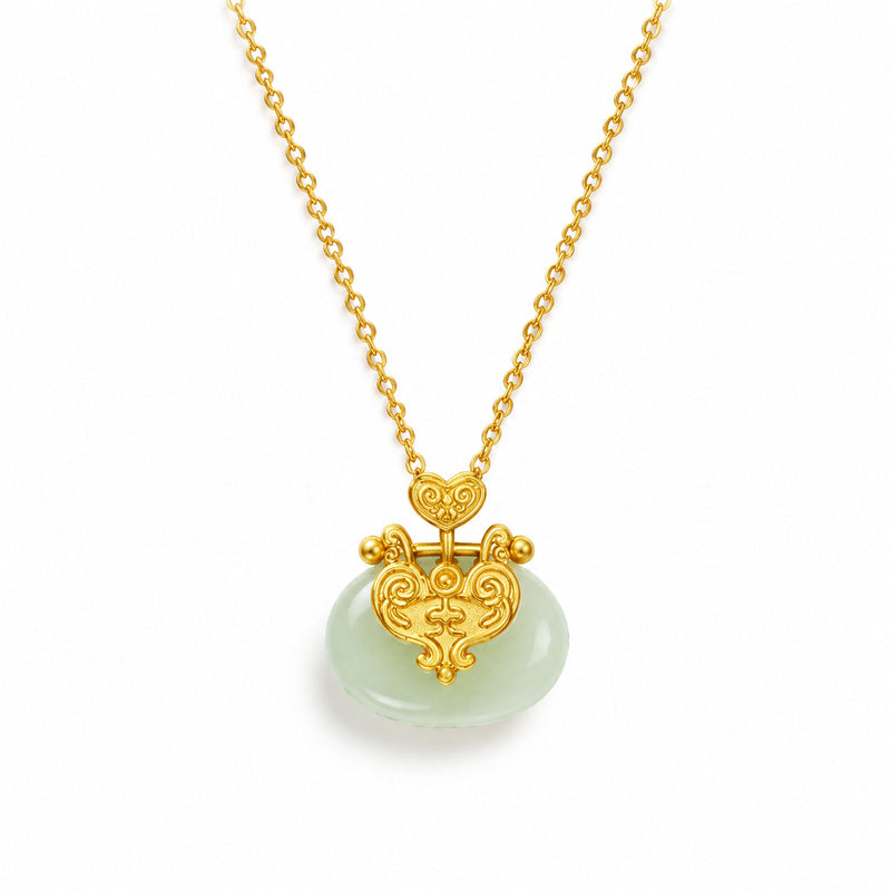 Auspicious cloud nephrite jade lock necklace on white background