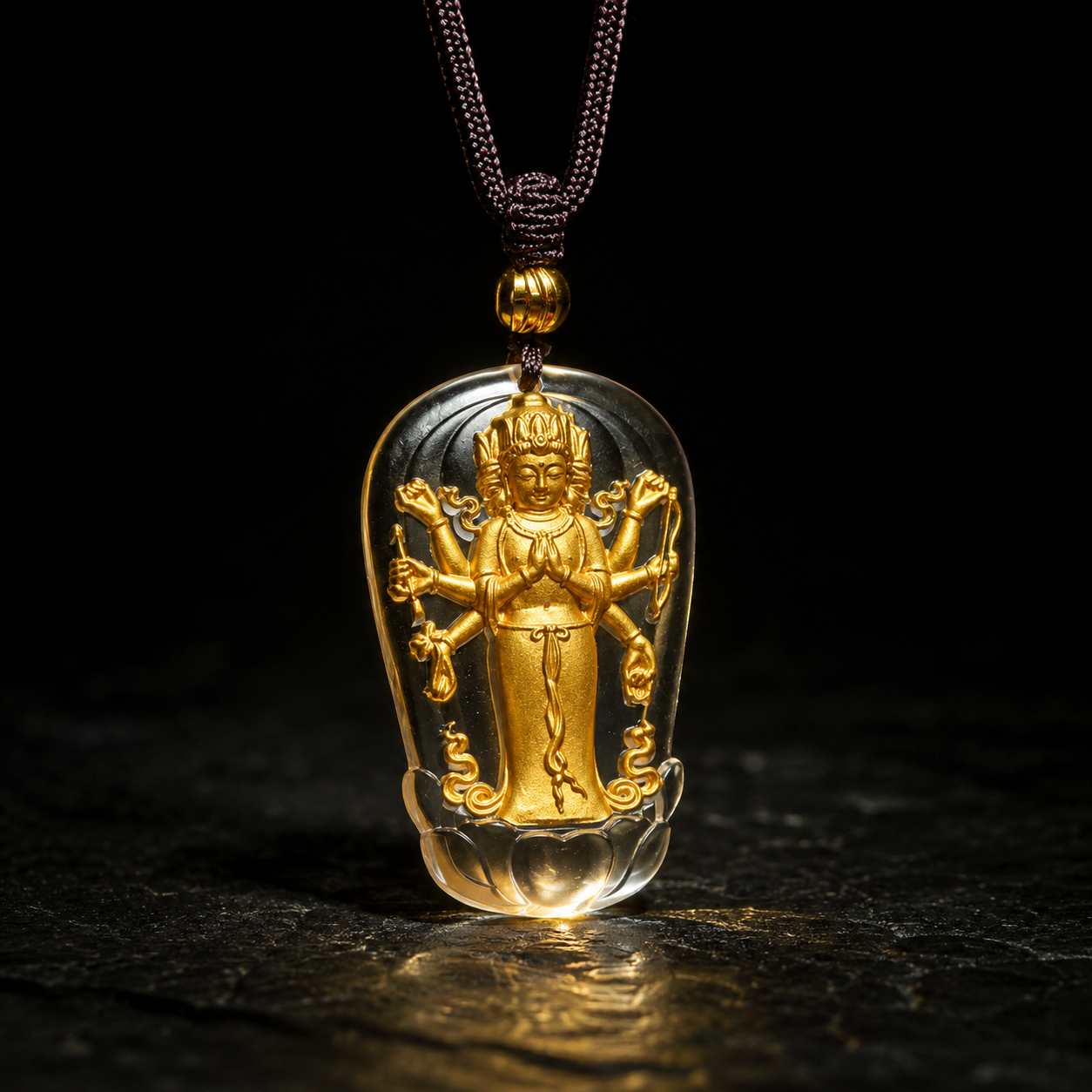 Eight-Armed Avalokiteshvara Gilded Liuli Pendant-Compassion, Protection & Spiritual Blessings