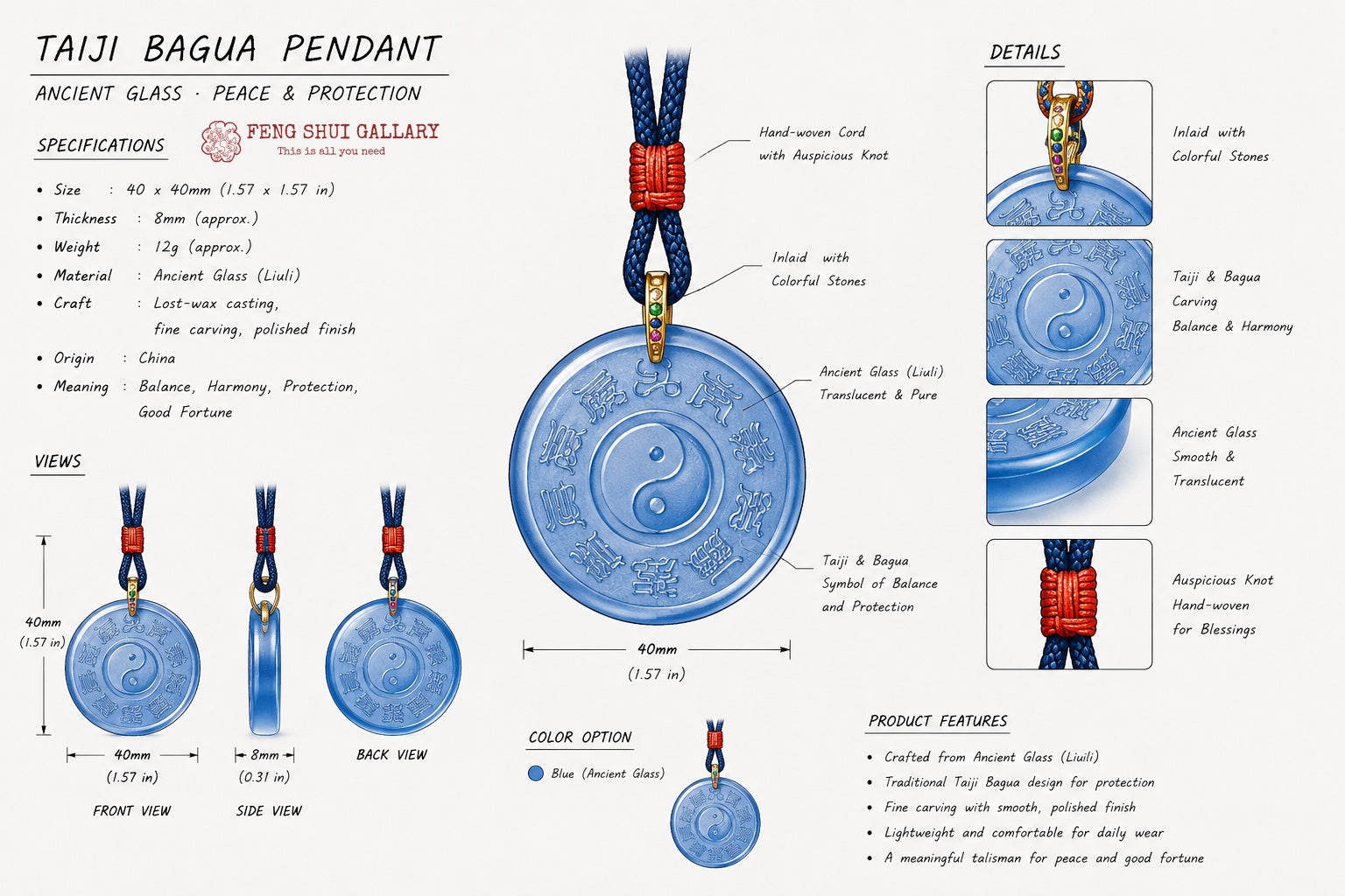 Tai Chi Bagua Glaze Pendant–Balance, Protection & Harmonious Energy