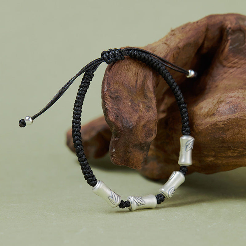 Adjustable hand-braided cord and bamboo silver bracelet rear view