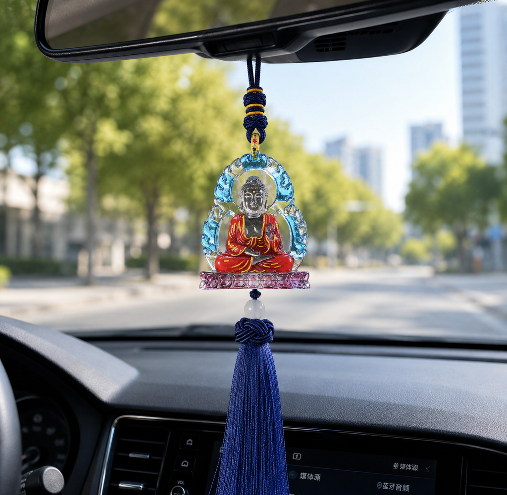 Cosmic Light Buddha Car Hanging Ornament – Handcrafted Liuli Crystal Protection for Safe Travels