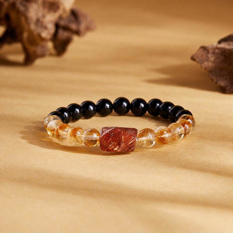 Black gold super seven obsidian bracelet on warm textured background