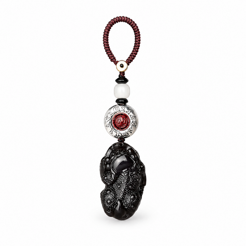 Black obsidian Pixiu car keychain on clean white background