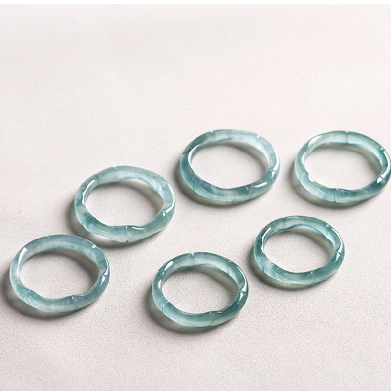 Blue water jadeite bamboo rings in assorted inner diameters
