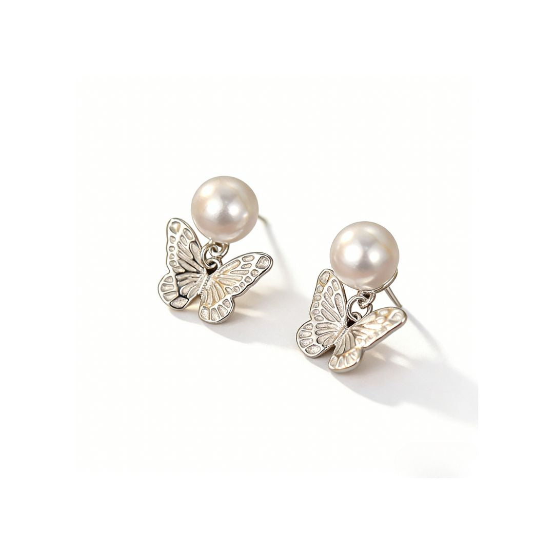 Ethereal Butterfly Pearl Silver Stud Earrings