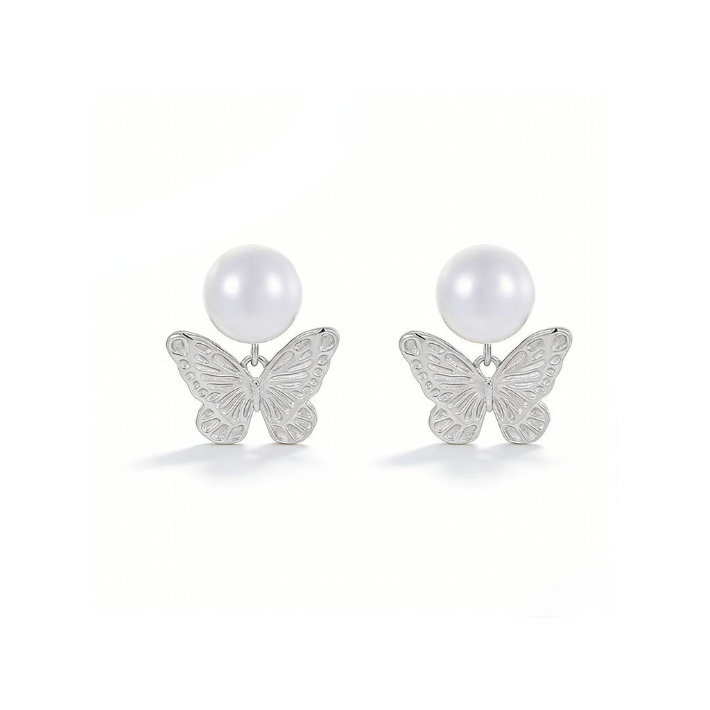 Ethereal Butterfly Pearl Silver Stud Earrings