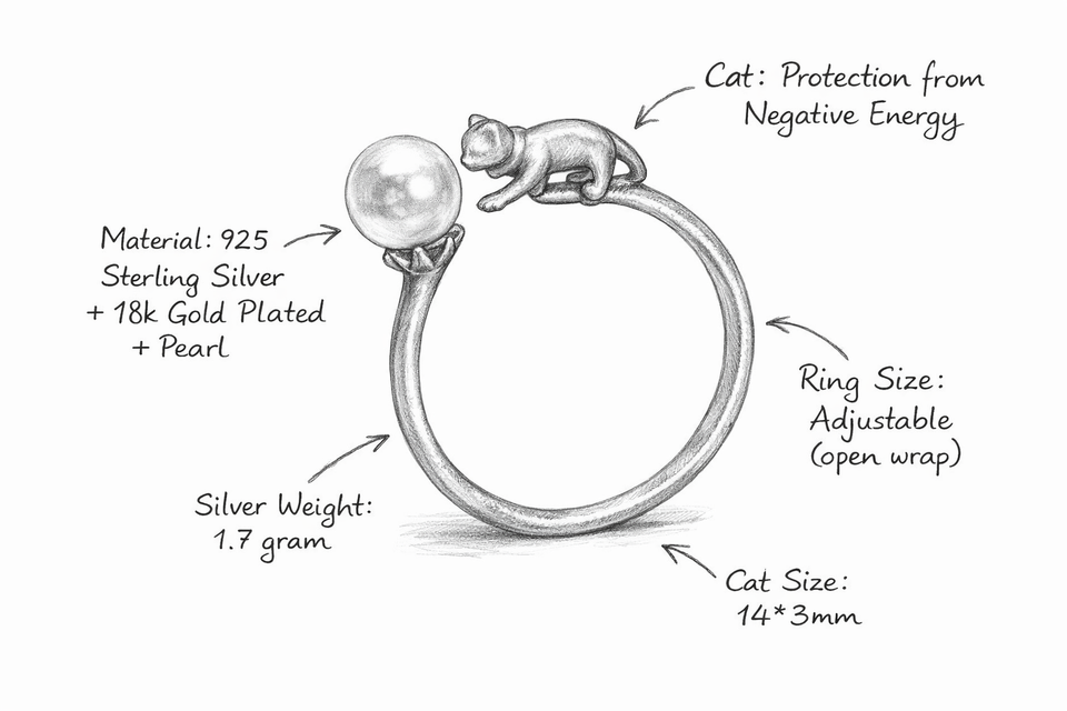 Original Design Gold Cat Pearl Silver Ring-Good Luck and Prosperity