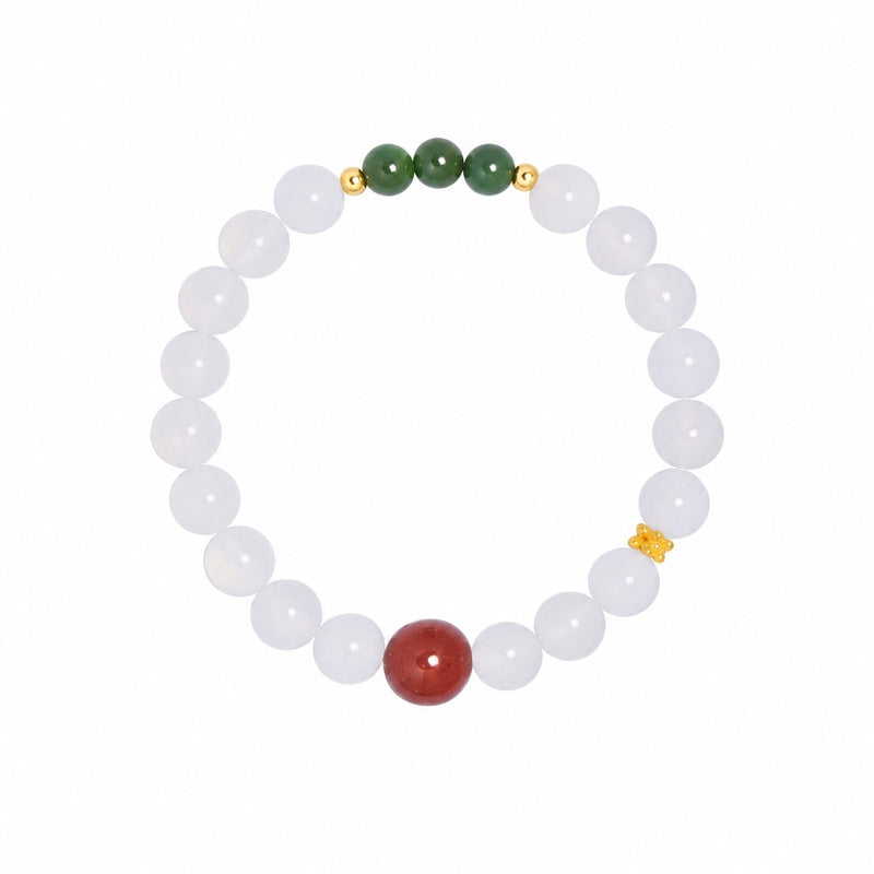White background view of cinnabar and chalcedony bracelet with green jade beads