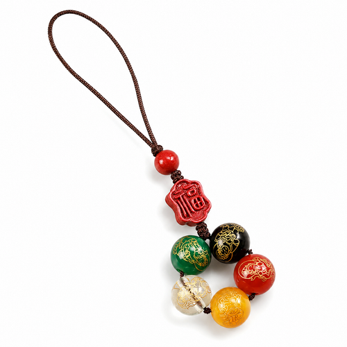 Cinnabar five-element agate phone charm on clean white background