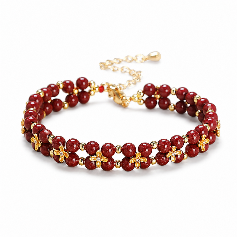 Cinnabar four-leaf clover double-strand bracelet on white background