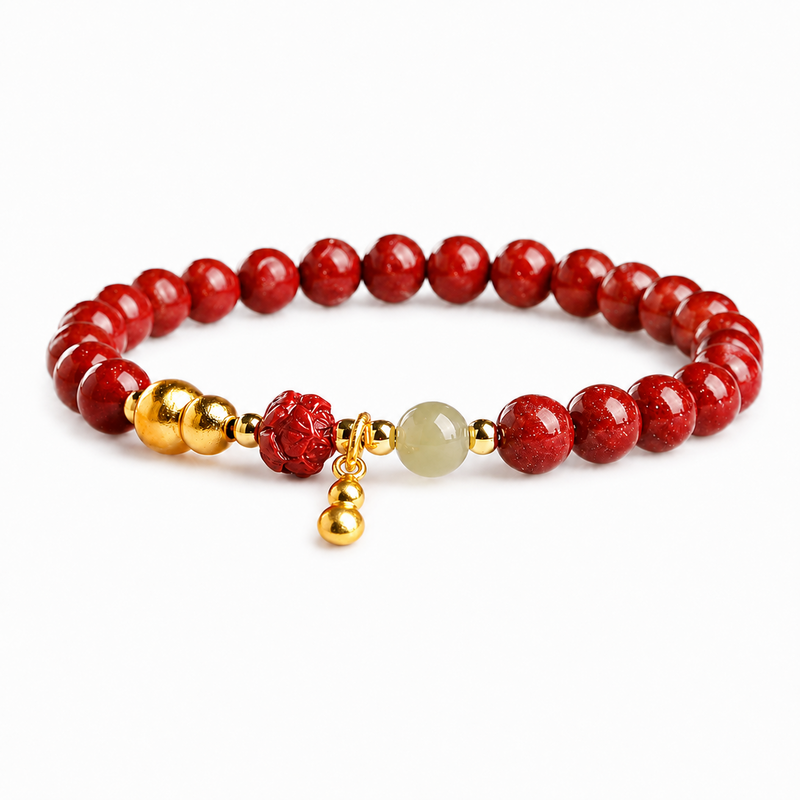 Cinnabar lotus jade bead bracelet on a white background