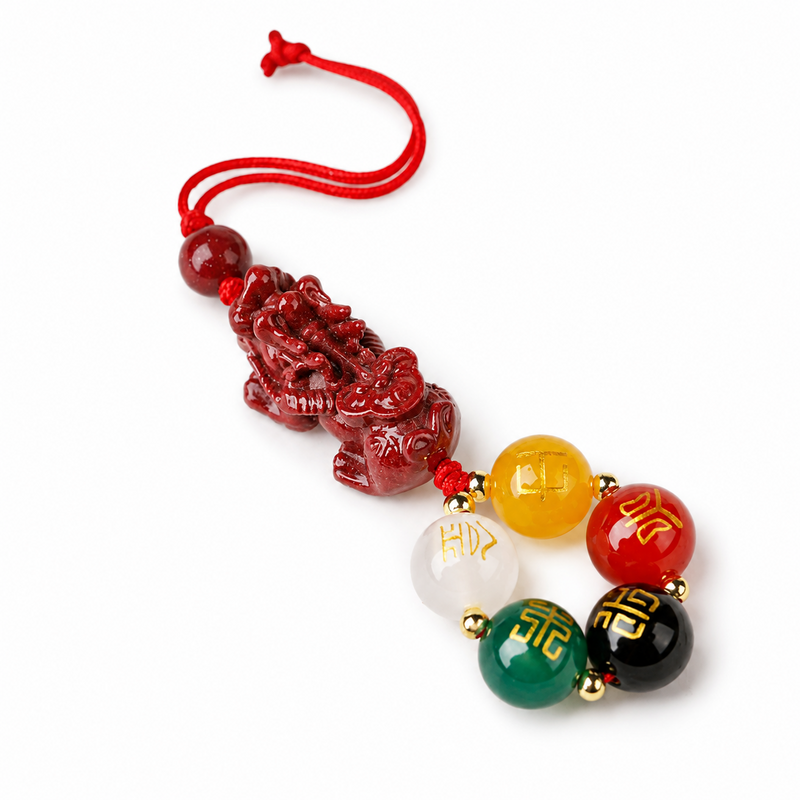 Cinnabar Pixiu five-element agate phone charm on white background
