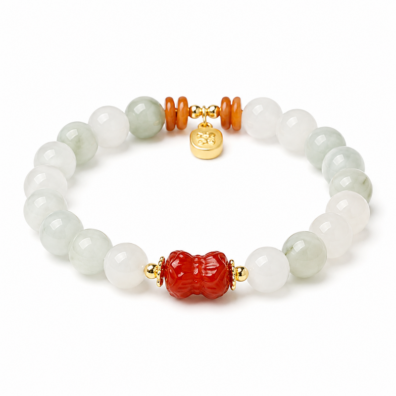 Cinnabar twin lotus jade bracelet on white background