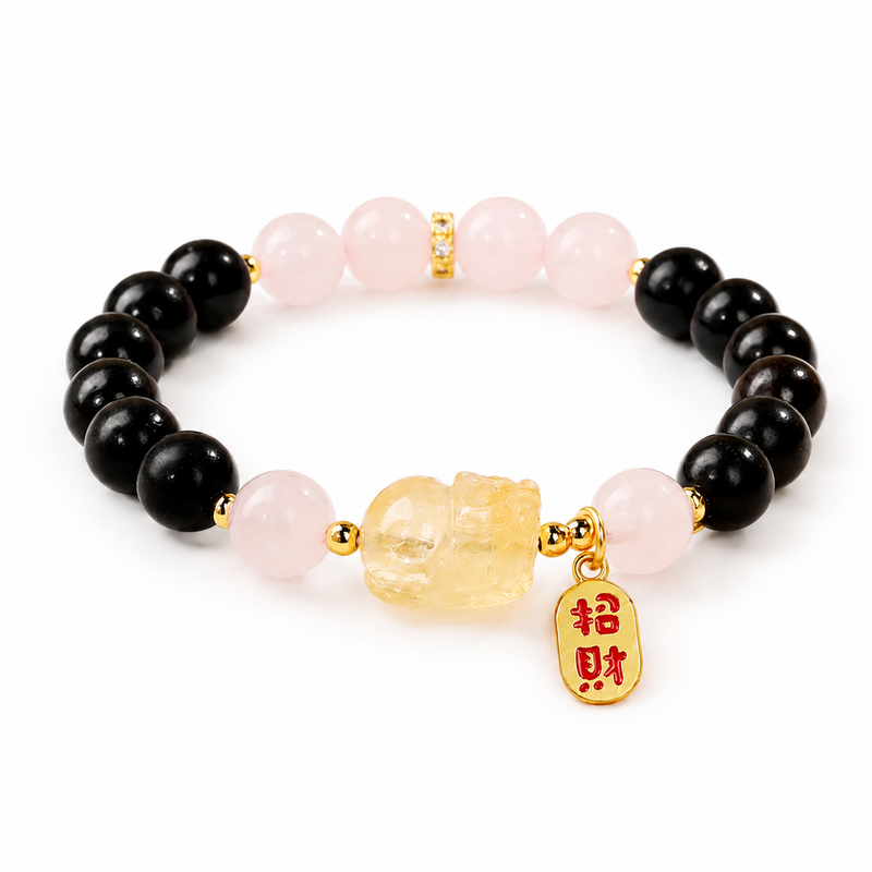Citrine Pixiu sandalwood and rose quartz bracelet on white