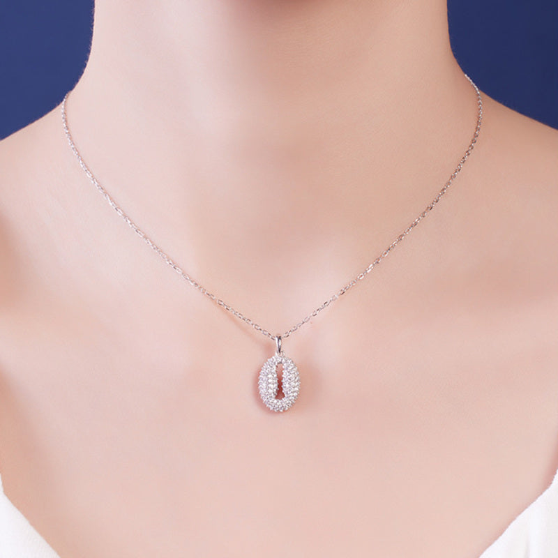 Front neckline view of coffee bean pendant necklace