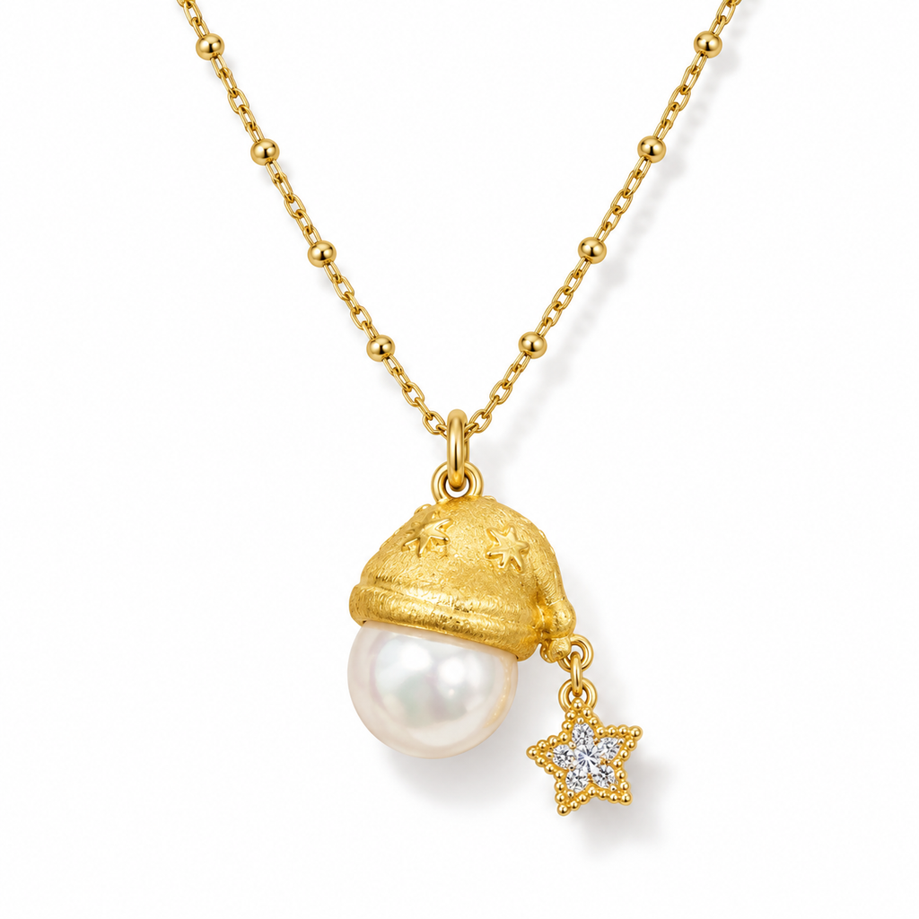 A Little Holiday Joy-Christmas Hat Pearl and Star Necklace