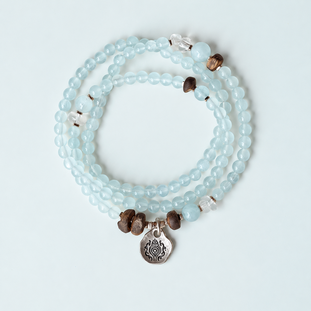 Aquamarine & Agarwood Wrap Bracelet Necklace-Morning Light