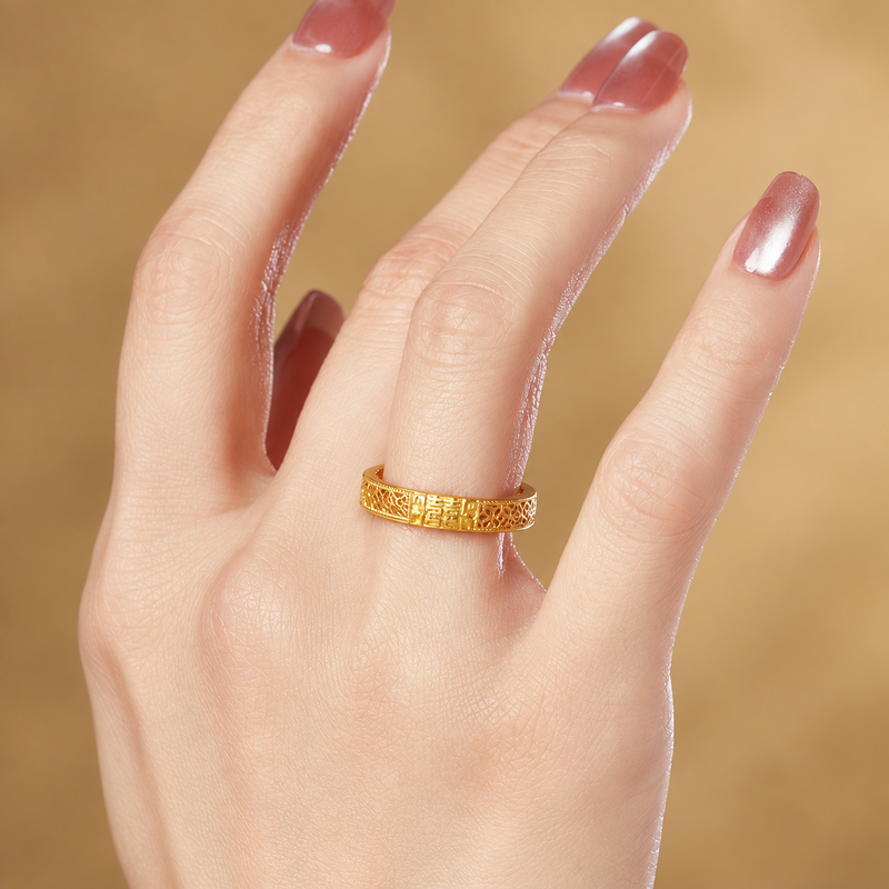 Original model wearing the Double Happiness filigree ring
