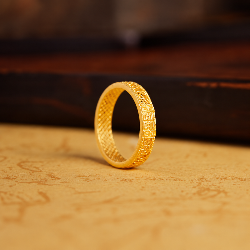 Standing side view of the Double Happiness filigree ring