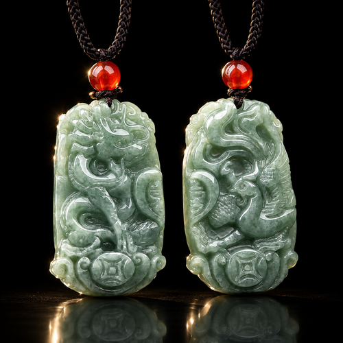 Green jade dragon and phoenix couple pendants hanging together beneath red beads, showing the full shape, material, and surface details