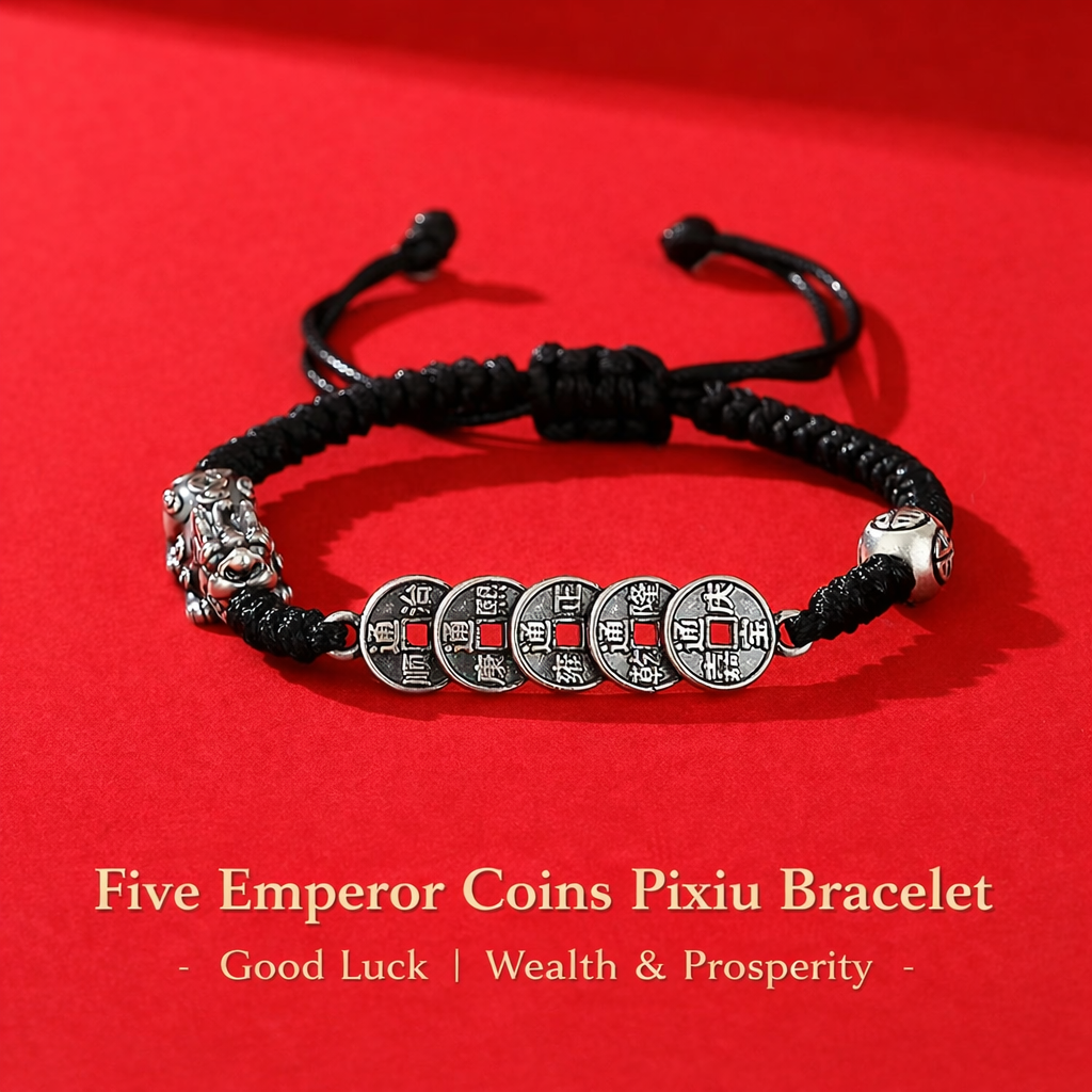 Fortune Lock – Pixiu Five Emperor Coins Silver Cord Bracelet