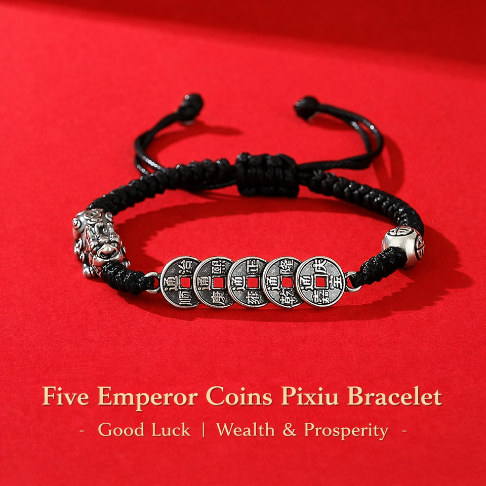 Fortune Lock – Pixiu Five Emperor Coins Silver Cord Bracelet