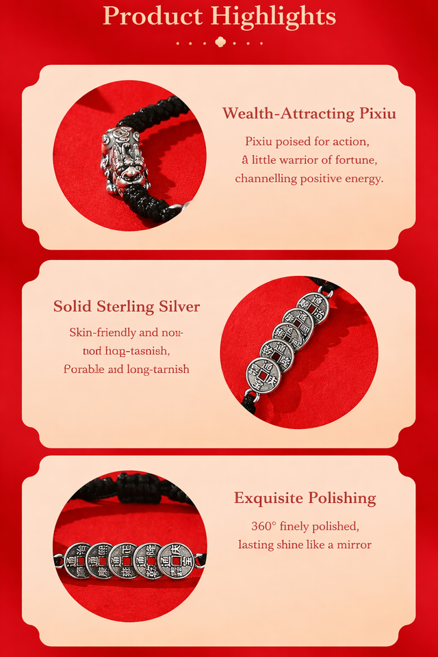 Fortune Lock – Pixiu Five Emperor Coins Silver Cord Bracelet