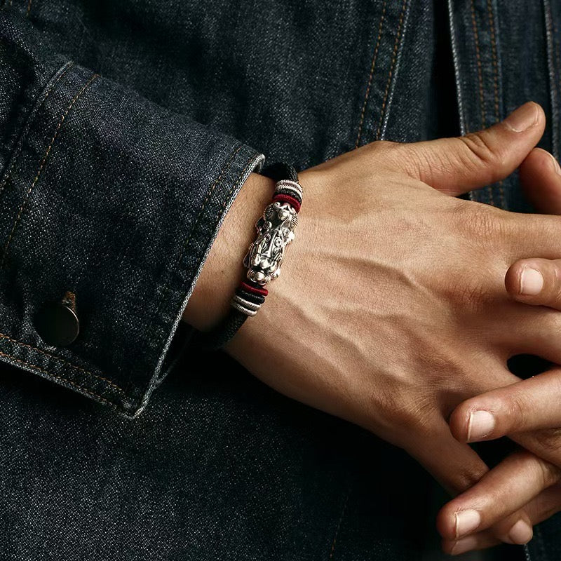 999 Silver Pixiu Handmade Rope Bracelet-Attract Luck