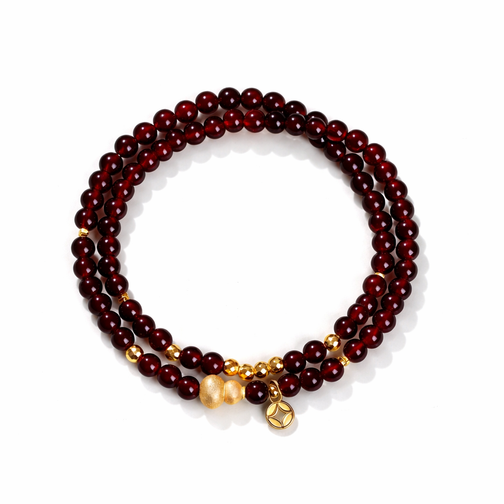 Fortune Blessing Garnet Double Wrap Bracelet-18K Gold-Plated "Hulu" Gourd Charm