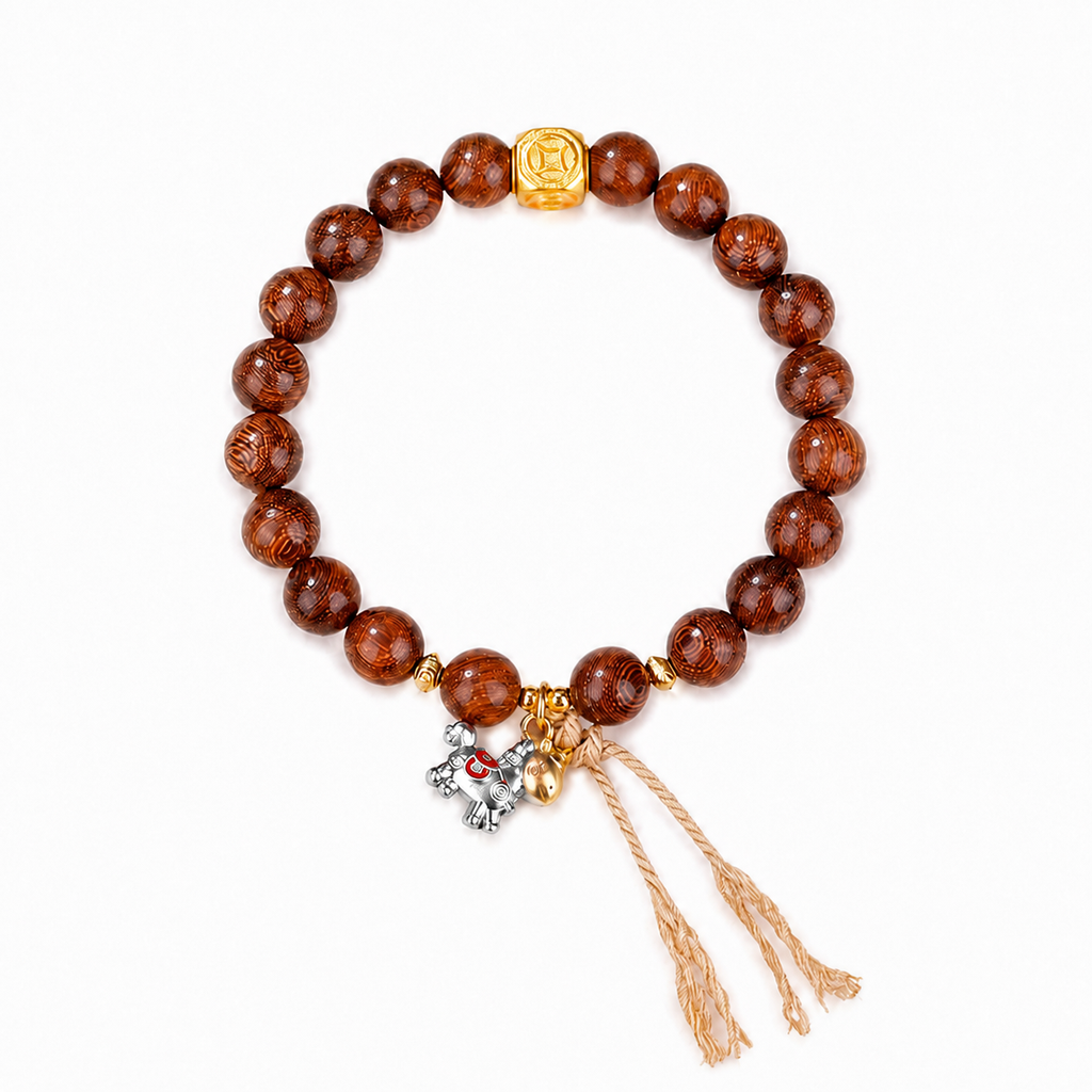Gold Silk Sandalwood bracelet with silver horse top-down view