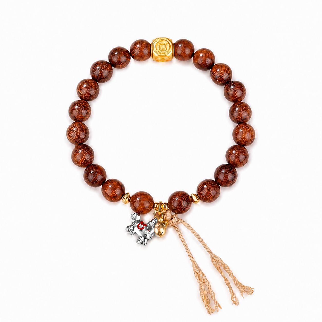 Gold Silk Sandalwood bracelet with silver horse top-down view