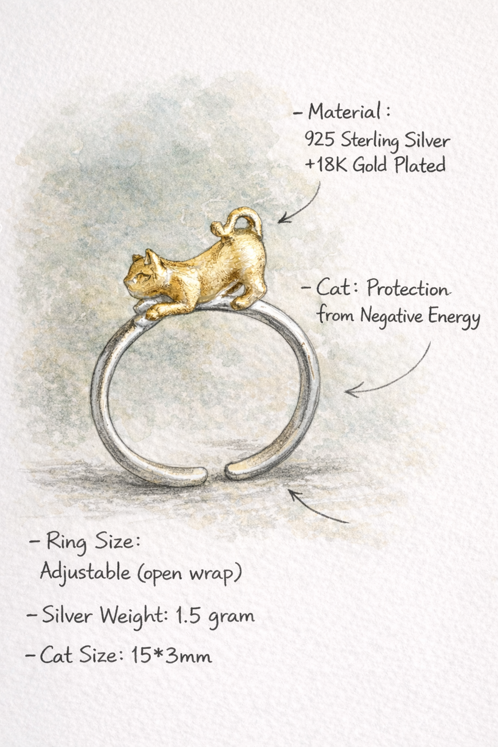 Original Design Gold Cat Silver Ring-Good Luck and Prosperity