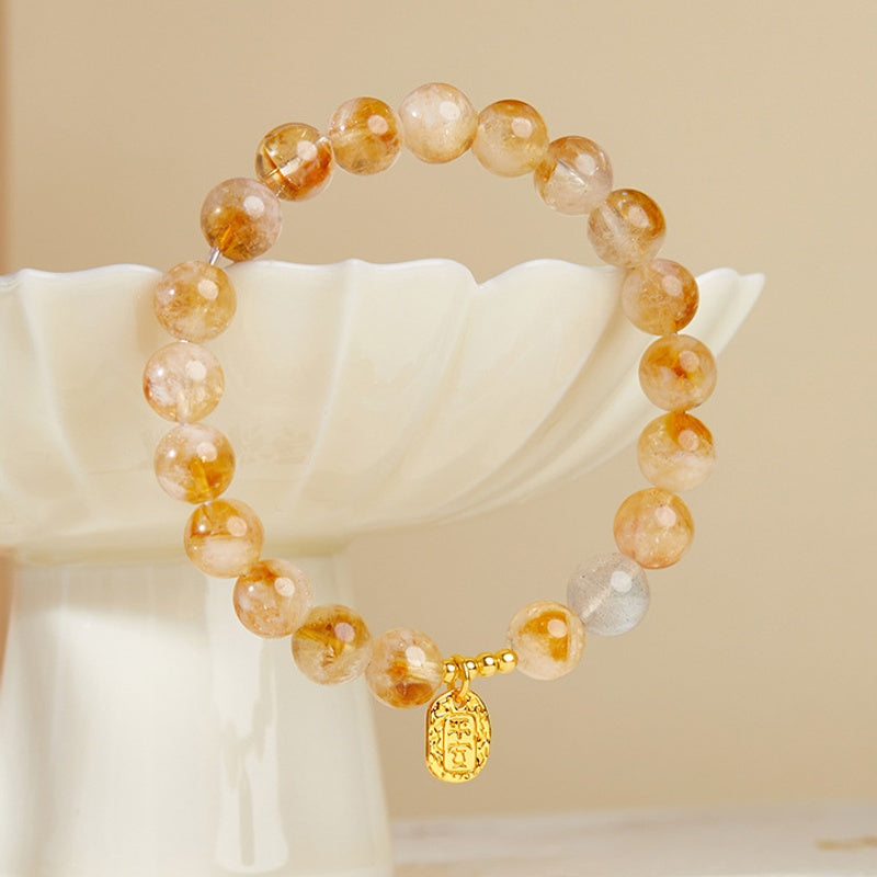 Yellow quartz and gray moonstone blessing plaque bracelet 03 stand view